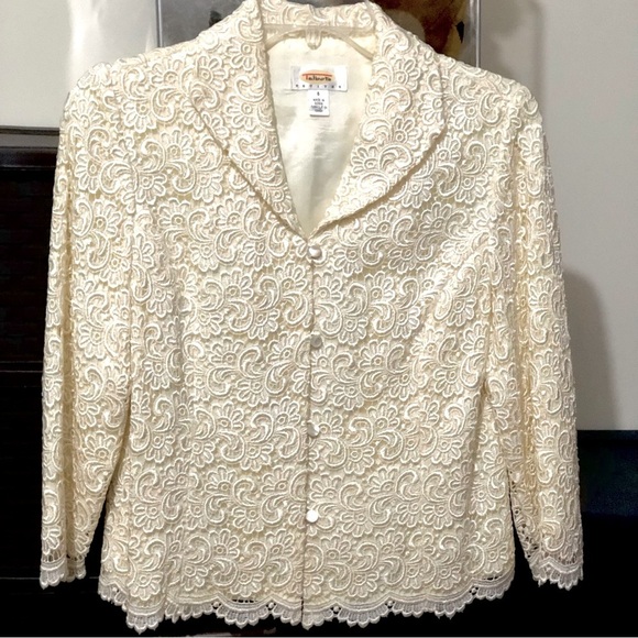 Talbots Petites Cream Crochet Floral Lace Lined Dressy Blazer Jacket Size 6P - Picture 1 of 9